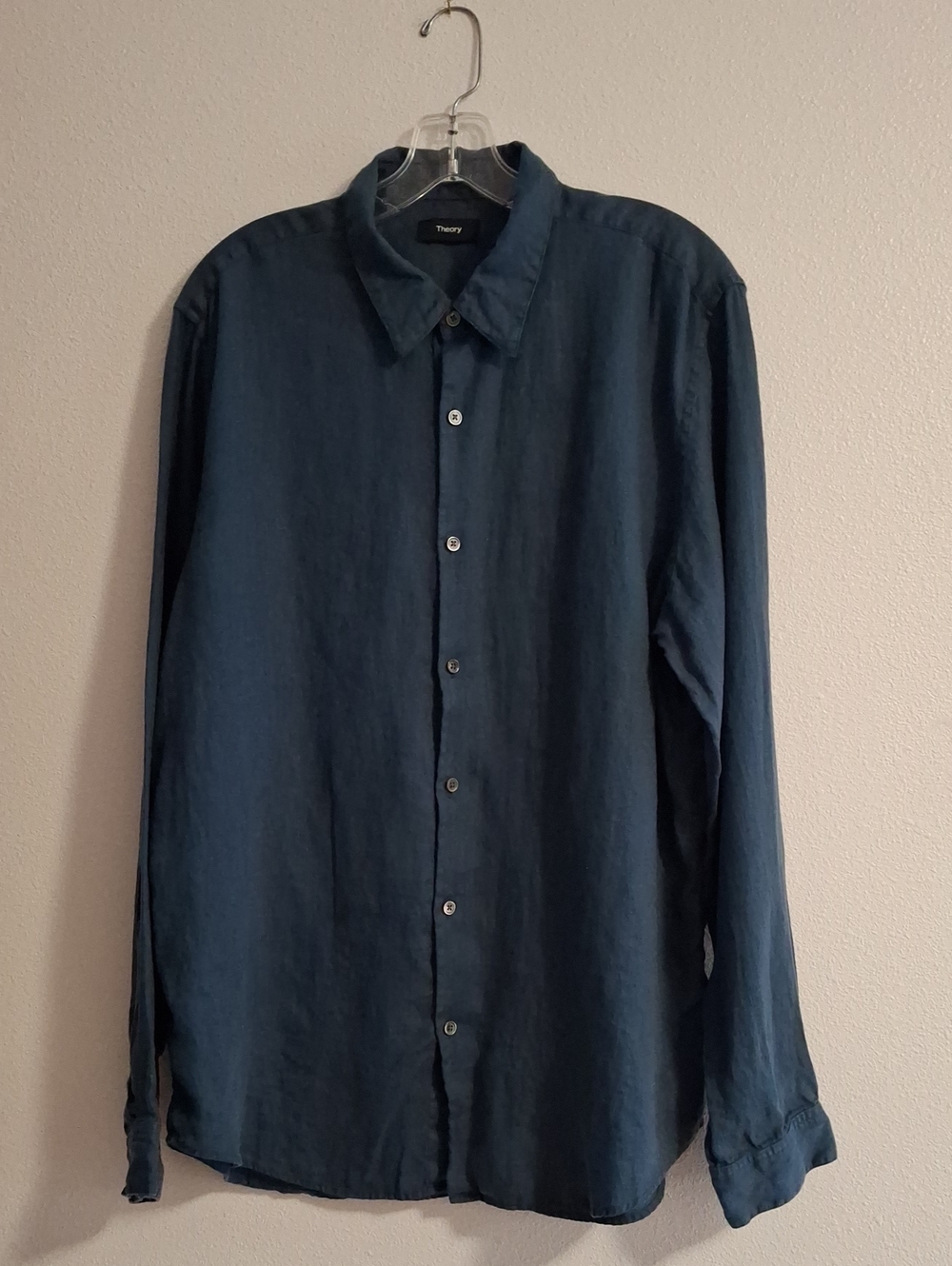Theory Men's Linen Long Sleeve Navy Button-Up Shirt Size XL Classic Lightweight